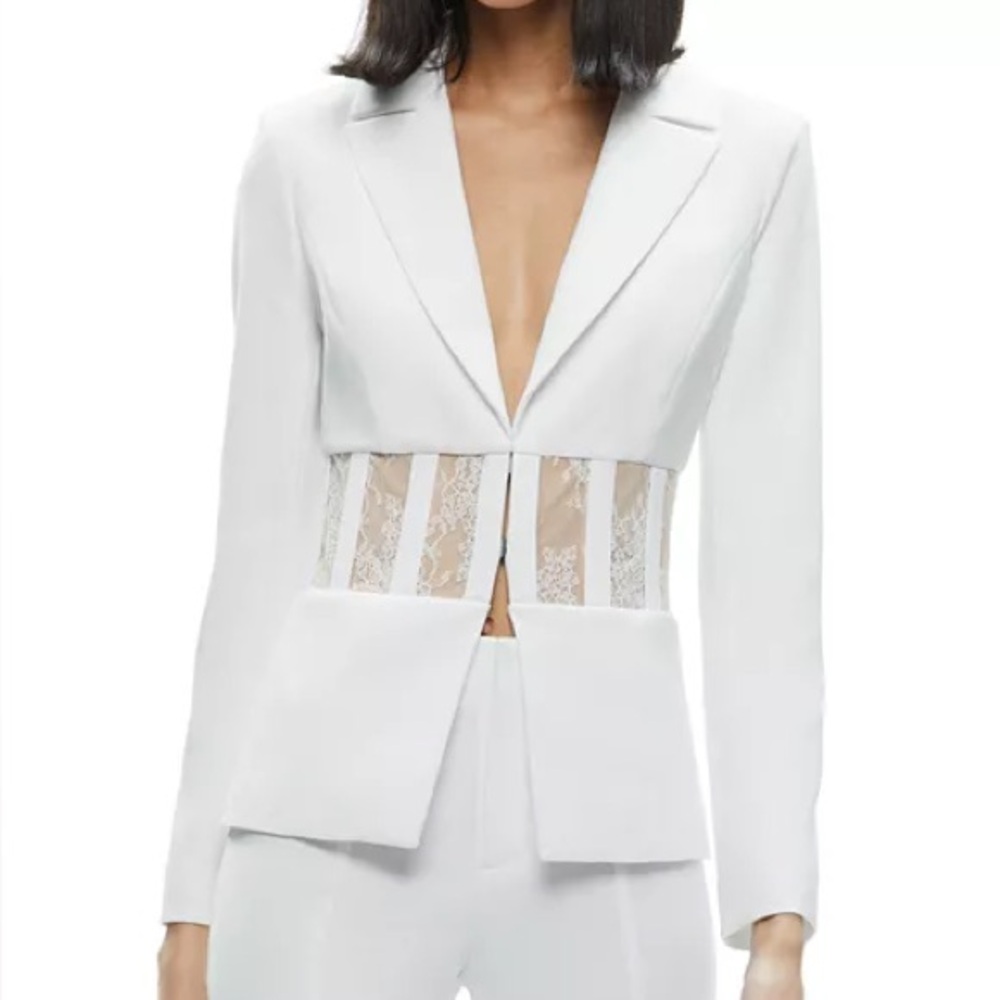Alice + Olivia White Blazer with Nude Lace Waist Panels